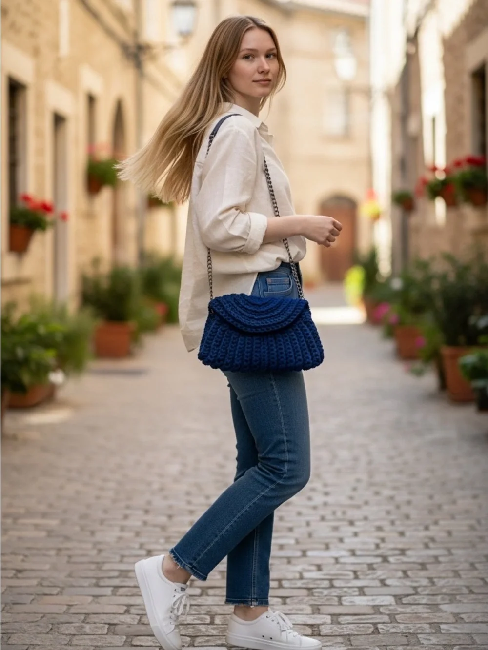 Cottage core Handcrafted Navy Crochet Crossbody Bag with Chain Strap